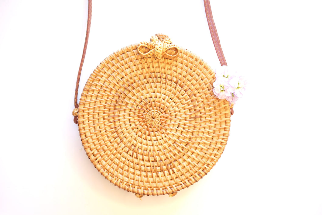 Round Bow Structured Handwoven Straw Bag in Natural